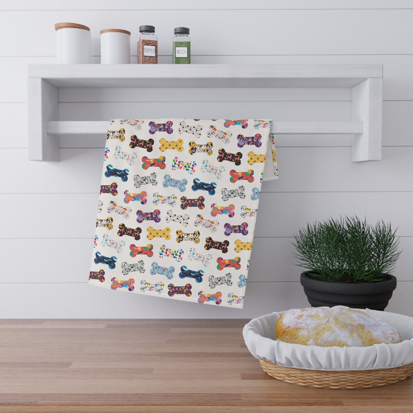 Colorful Bones Cotton Twill Kitchen Towel - White