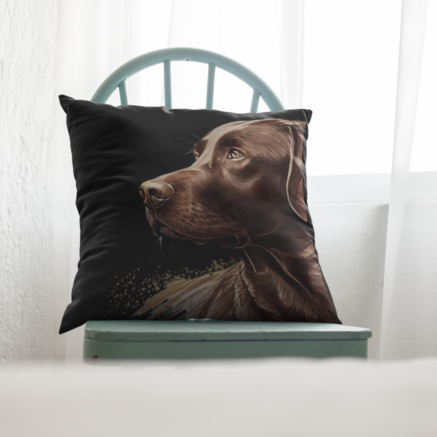 Chocolate Labrador Retriever on Black Woven Pillow